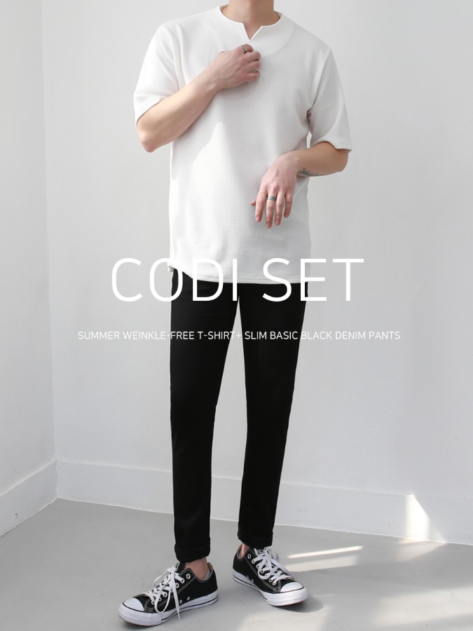 [SET]썸머 구김방지 반팔 티셔츠+슬림 베이직 블랙 데님팬츠